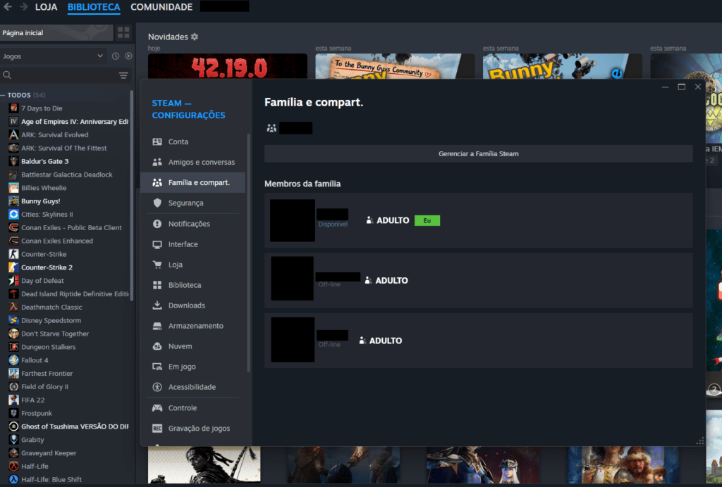 Família Steam como configurar compartilhar jogos